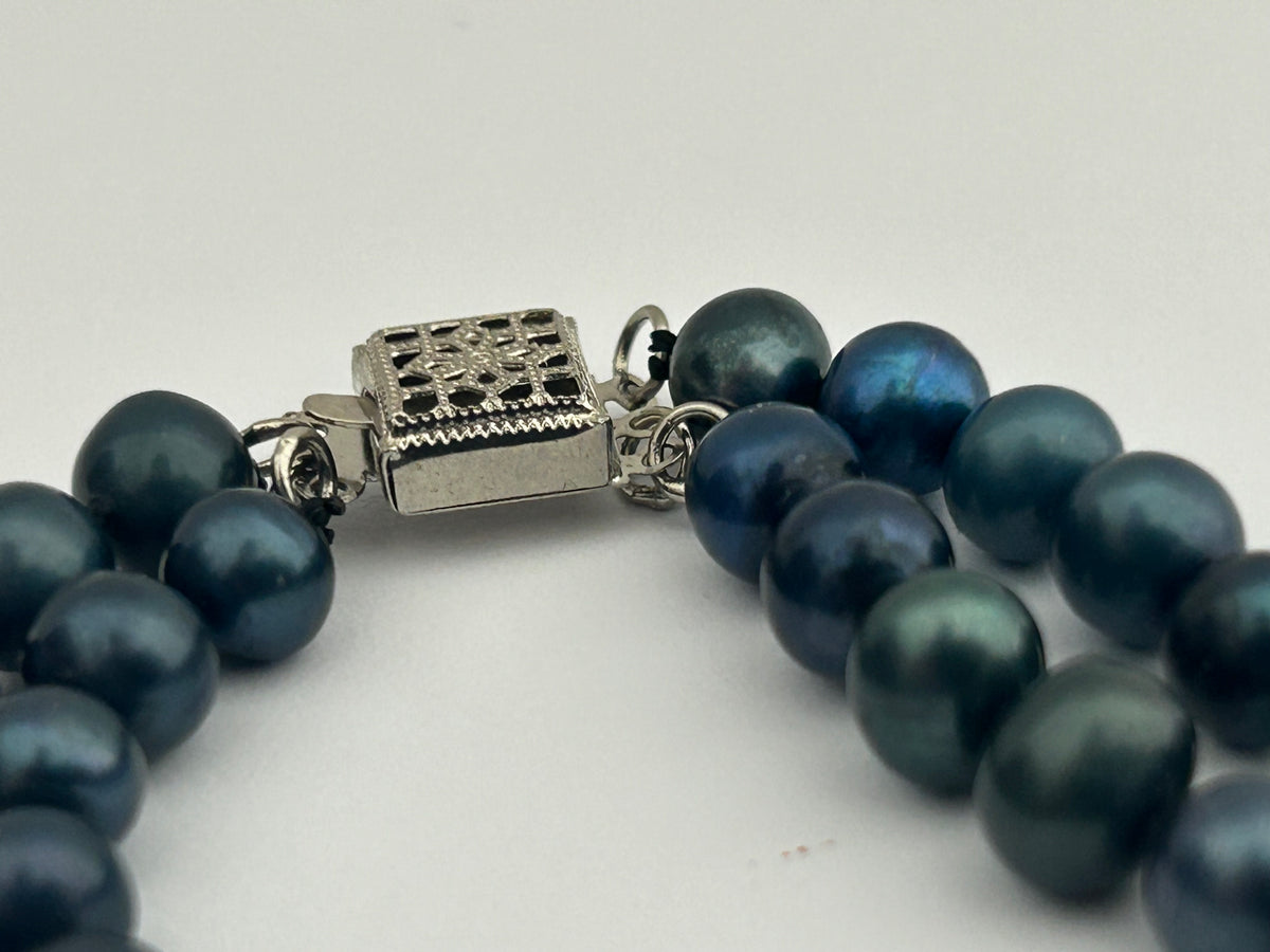 Vintage Blue Dyed Real Cultured Pearl Double Strand Bracelet With 14k Gold Filled Box Clasp