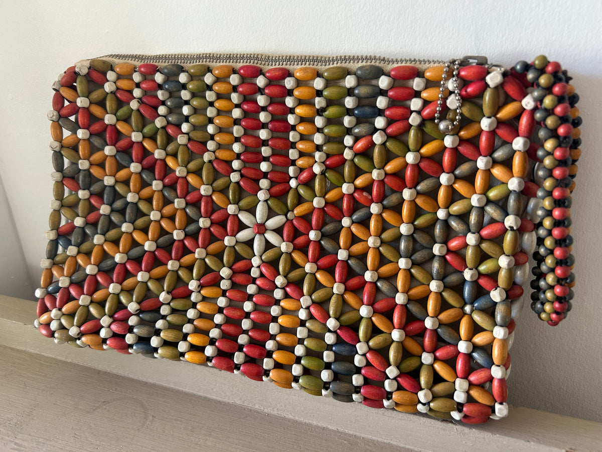 Vintage 1930s Art Deco Made In Czechoslovakia Multicolour Wooden Bead Bag With Wrist Strap