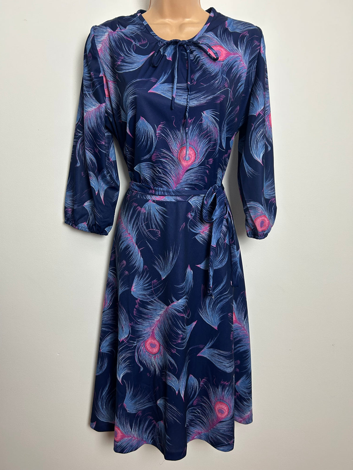 Vintage Early 1980s HEATHER VALLEY Size 14 Navy Blue & Pink Peacock Feather Belted Day Dress