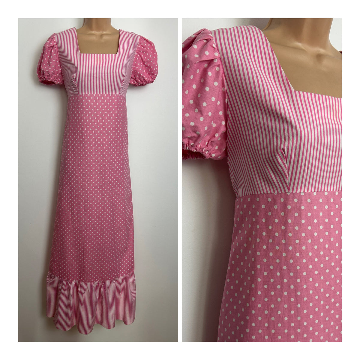 Vintage 1970s Size 10 Pink & White Polka Dot & Stripe Print Cotton Prairie Maxi Dress