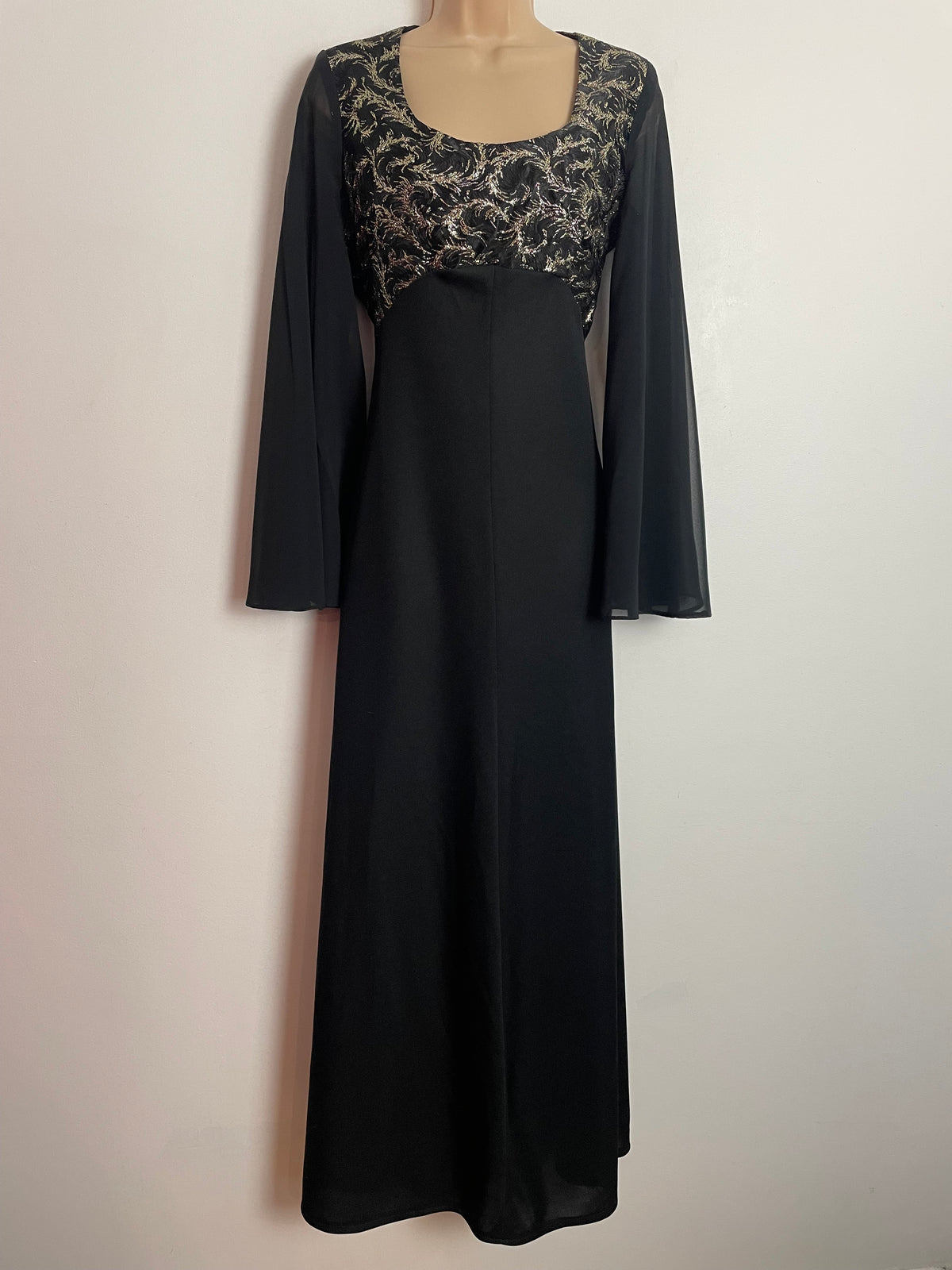 Vintage 1970s UK Size 8 Black & Metallic Gold Flared Sleeve Xmas Party Occasion Evening Maxi Dress