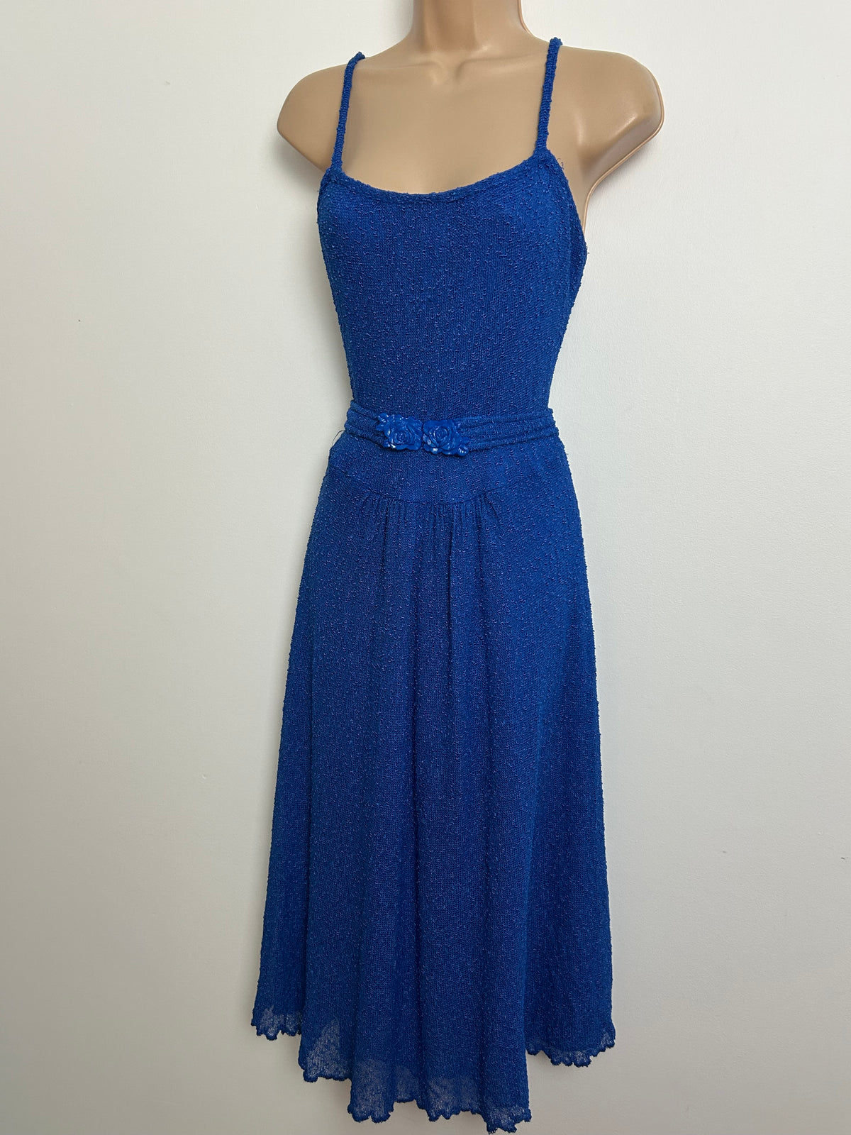 Vintage Late 1970s Size 10-12 Royal Blue Flower Buckle Strappy Summer Day Dress