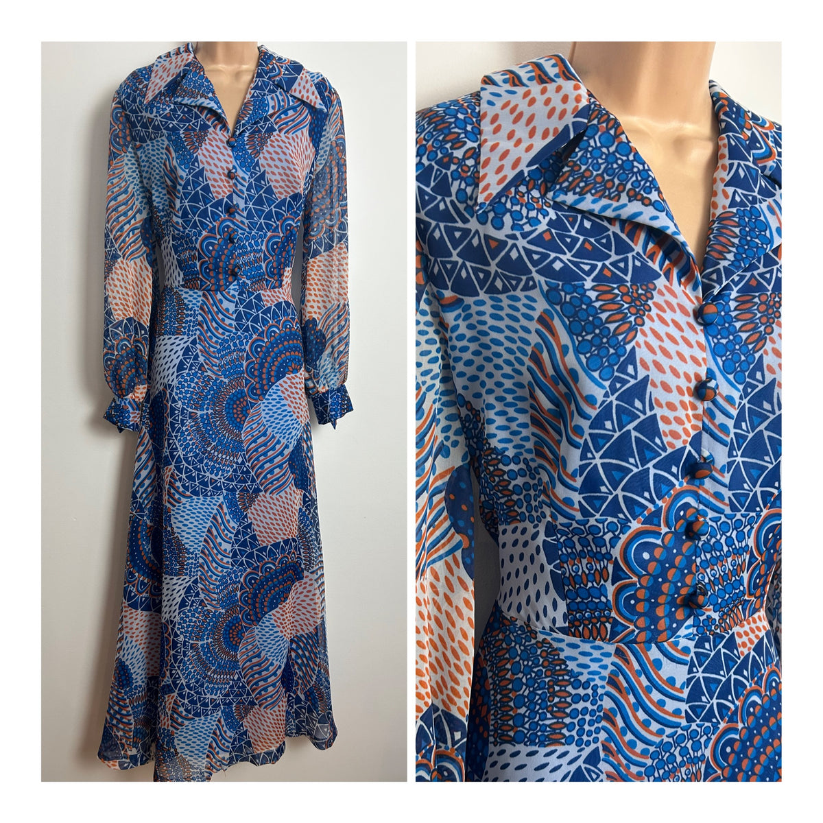 Vintage 1970s 14 Blue & Orange Abstract Print Dagger Collar Long Sleeve Chiffon Maxi Dress