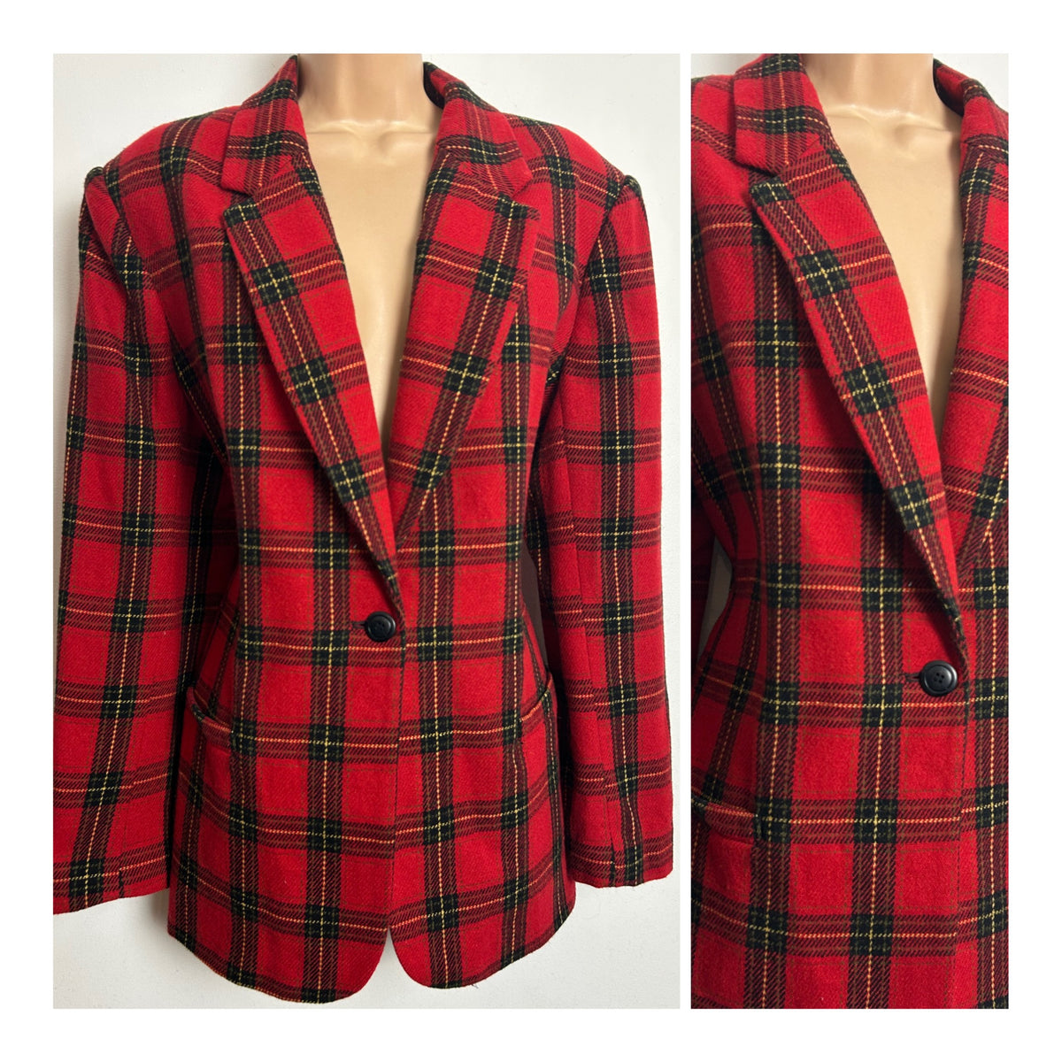 Vintage 1980s WHITE STAG Size 12-14 Red Tartan Check Wool Blend Blazer