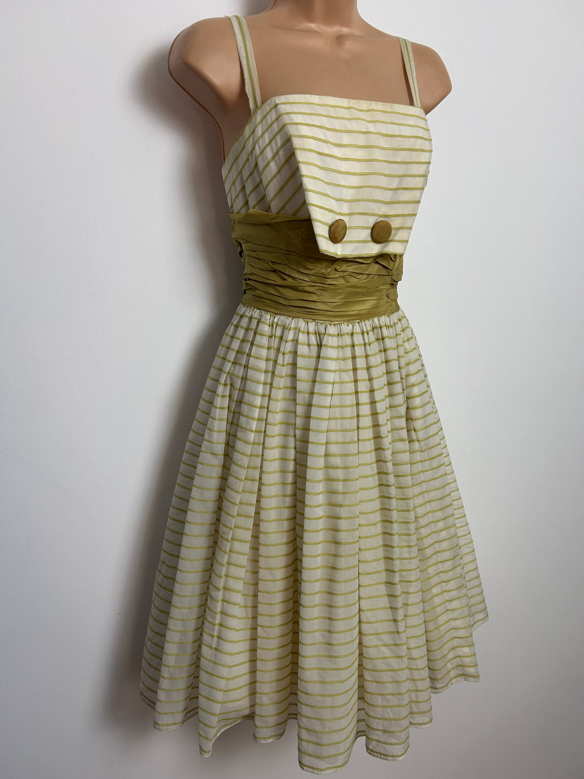 Vintage 1950s Size 4-6 White & Olive Green Stripe Print Ruched Waist Panel Party Prom Dress