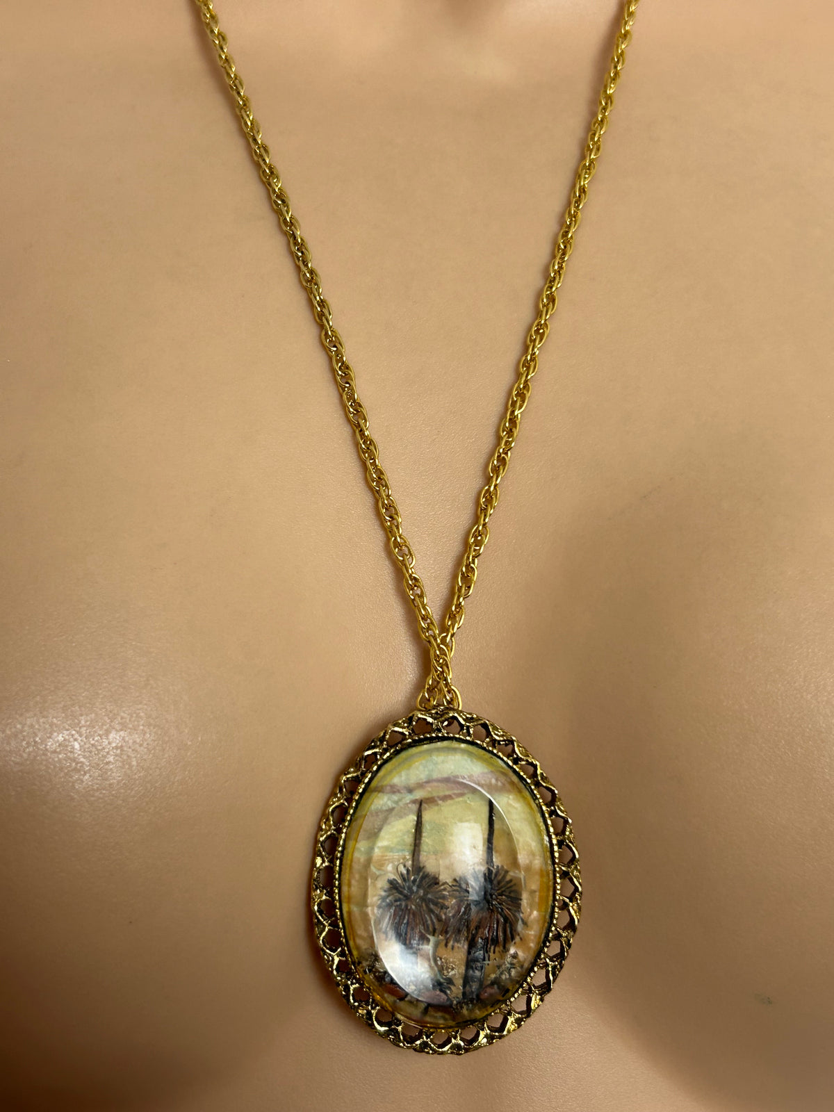 Vintage 1950s RARE Handcrafted Australian Paperbark Miniature Picture Pendant & Necklace By G. Metcalfe