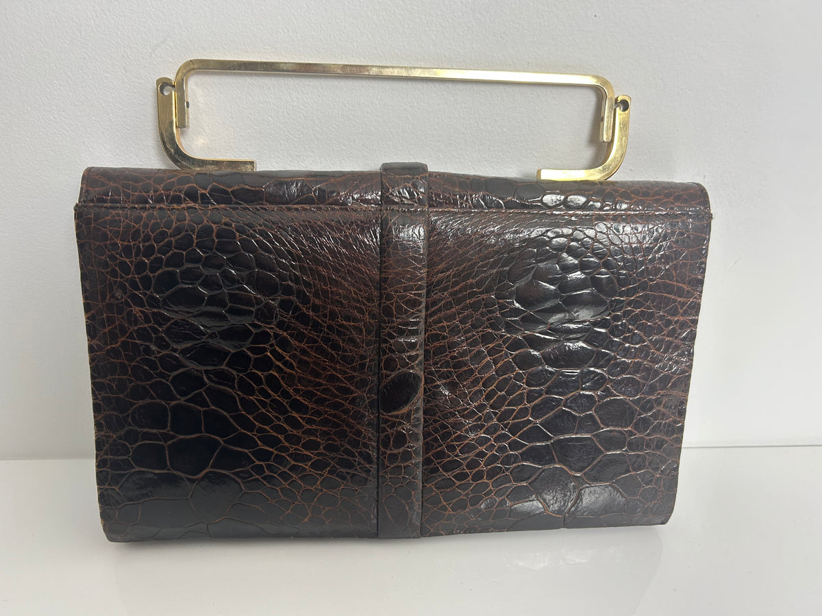 Vintage 1960s Gorgeous Mexican OTTO BULER G Brown Turtle Skin Gold Handle Handbag