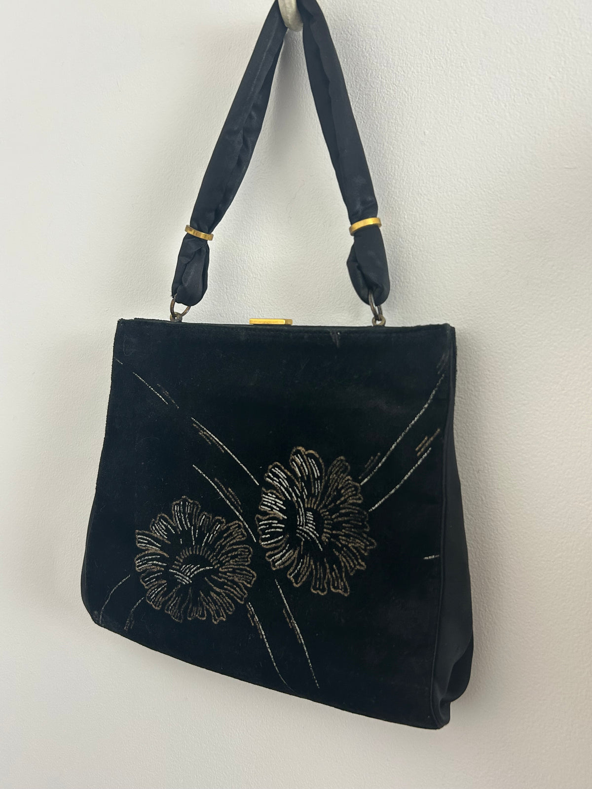 Vintage Early 1950s WALDYBAG Black Velvet Hand Painted Silver & Gold Floral Pattern Cocktail Handbag