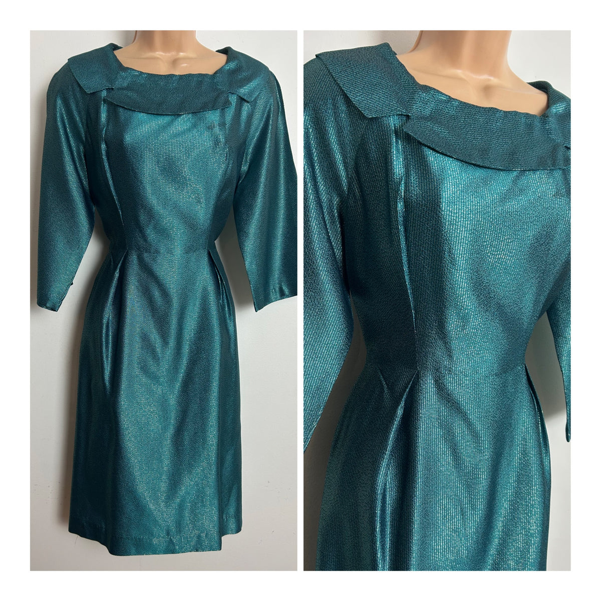 Vintage 1960s Size 10-12 Dark Turquoise & Silver Pinstripe Notch Collar Mid Sleeve Party Dress