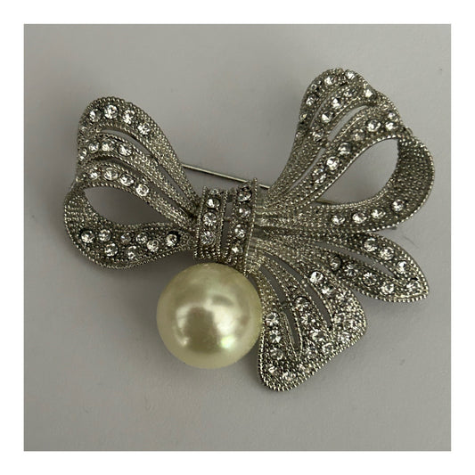 Vintage SUNG Singed Silver Tone Marcasite & Diamante & Faux Pearl Set Bow Brooch