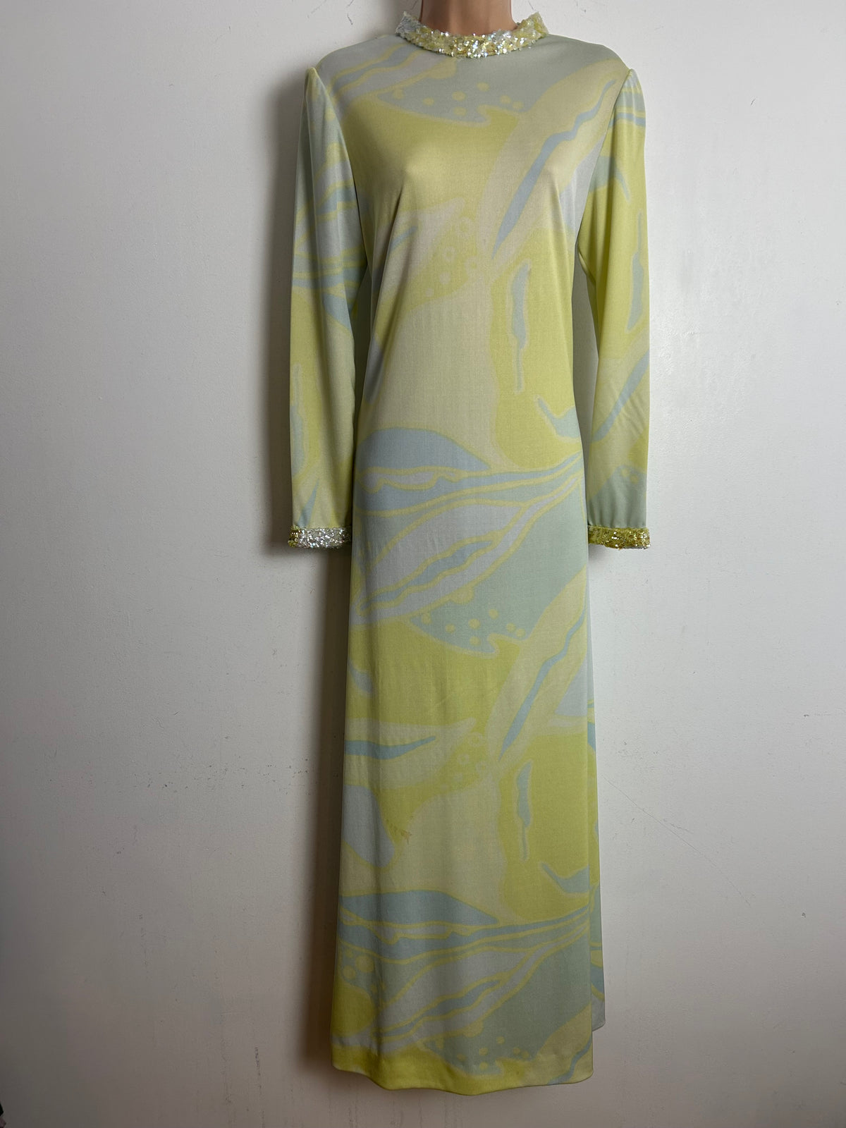 Vintage Late 1960s FRANK USHER Size 10-12 Patel Lemon Blue & Mint Green Abstract Sequin Trim Occasion Maxi Dress s