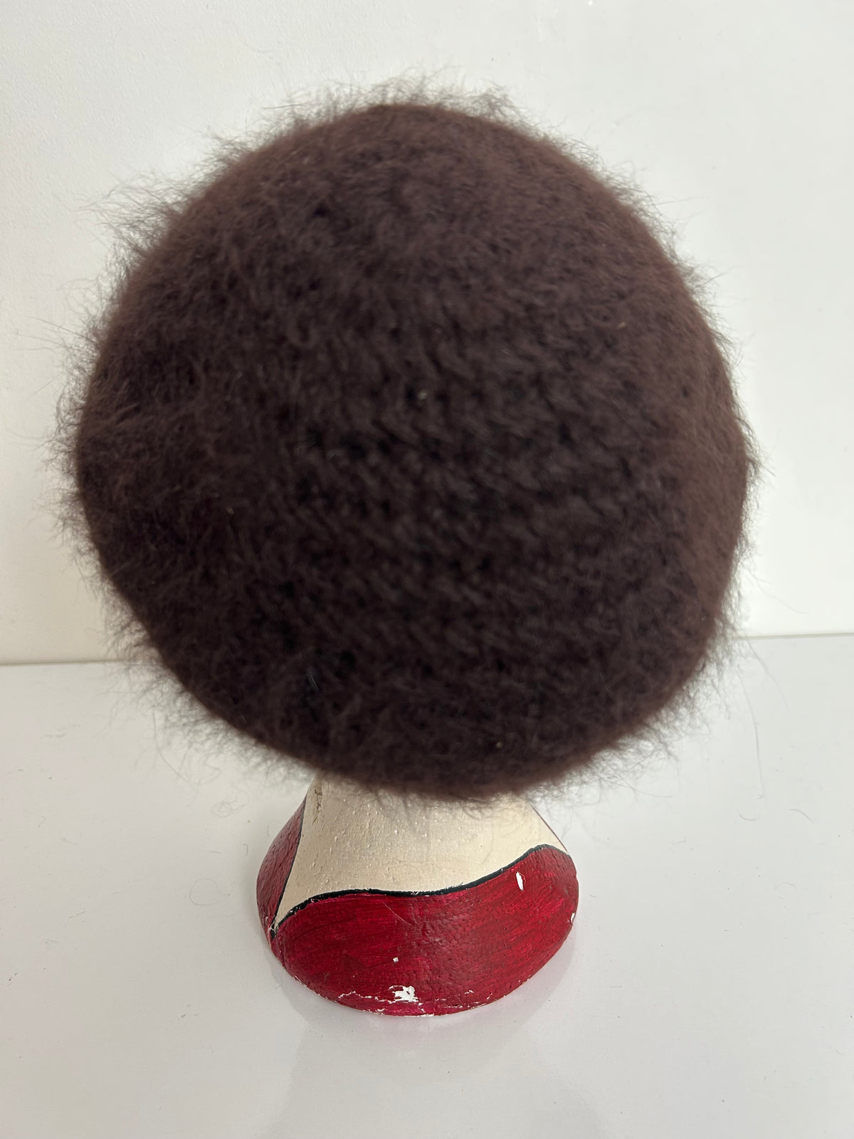 Vintage Handmade Dark Brown Angora & Wool Mix Semi Chunky Knit Beret/Beanie Style Hat