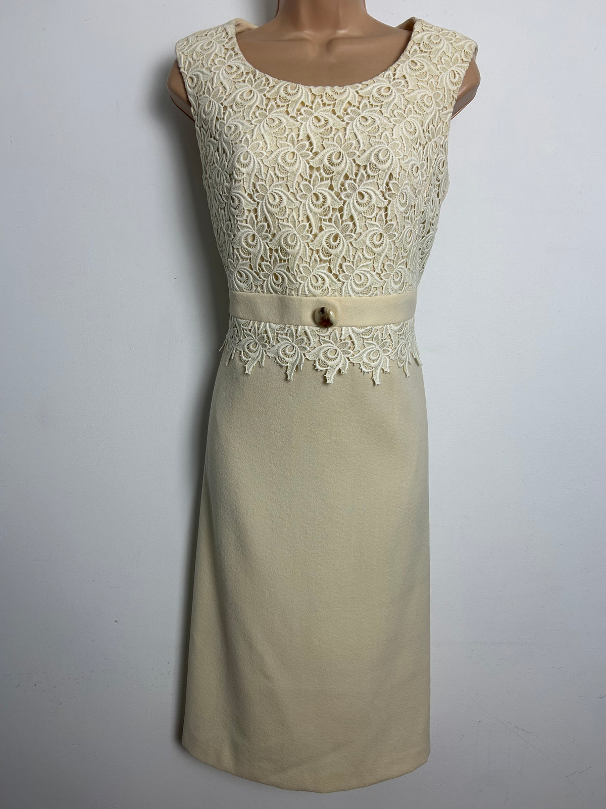 Vintage 1960s Size 14 Cream Pure New Wool Guipure Lace Bodice Mod Occasion Dress
