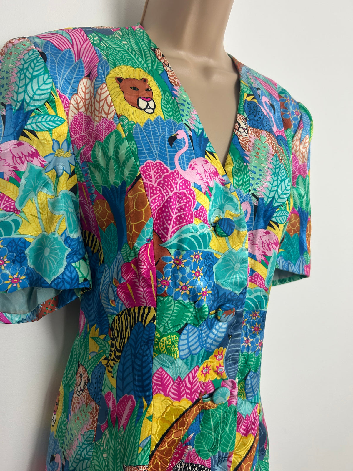 Vintage 1980s DONALD CAMPBELL Size 14 Blue Pink Green Yellow Flamingo Leopard & Lion Print Jungle Print