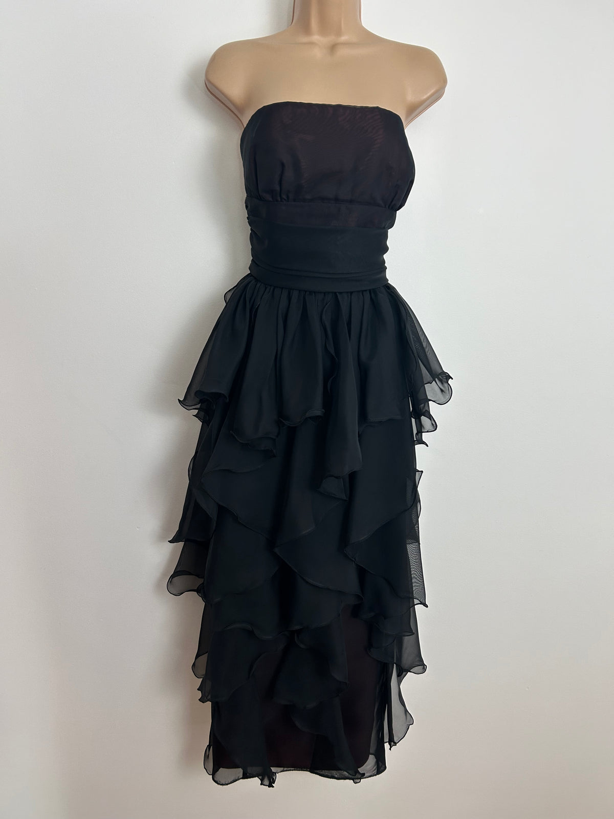 Vintage Early 1980s FRANK USHER Size 10 Black Strapless Layered Evening Cocktail Occasion Dress