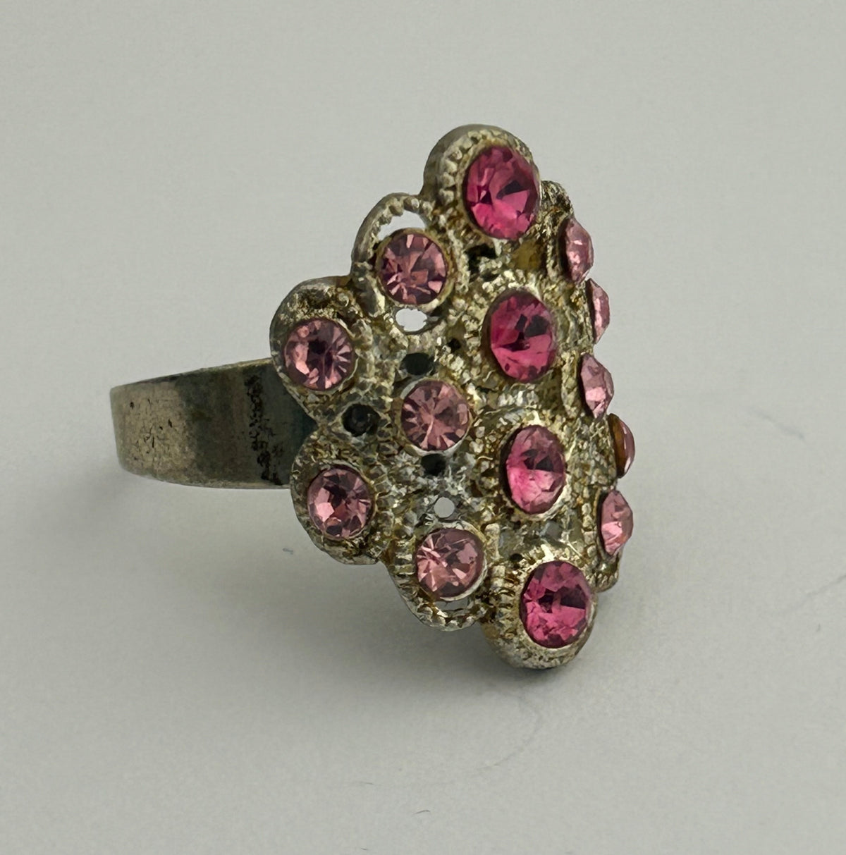 Vintage Silver Tone Metal & Purple Pink Diamante Stone Set Adjustable Ring Up To UK Size U