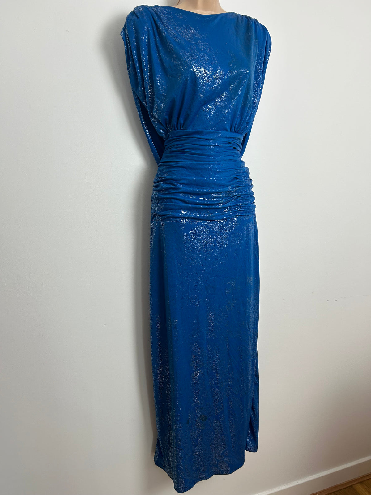 Vintage Early 1980s JOHN CHARLES  Blue & Silver Drape Back Ruched Waist Evening Dress Size 12