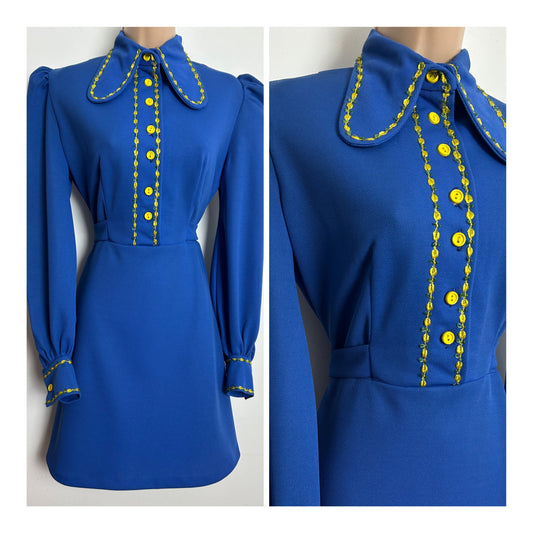 Vintage 1960s BEAGLE COLLAR Size 10 Blue Yellow Floral Trim Long Sleeve Tie Back Mod Dress