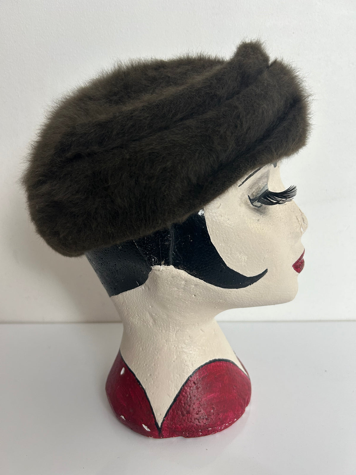 Vintage 1960s Moss Green Angora Mix Pill Box Style Hat