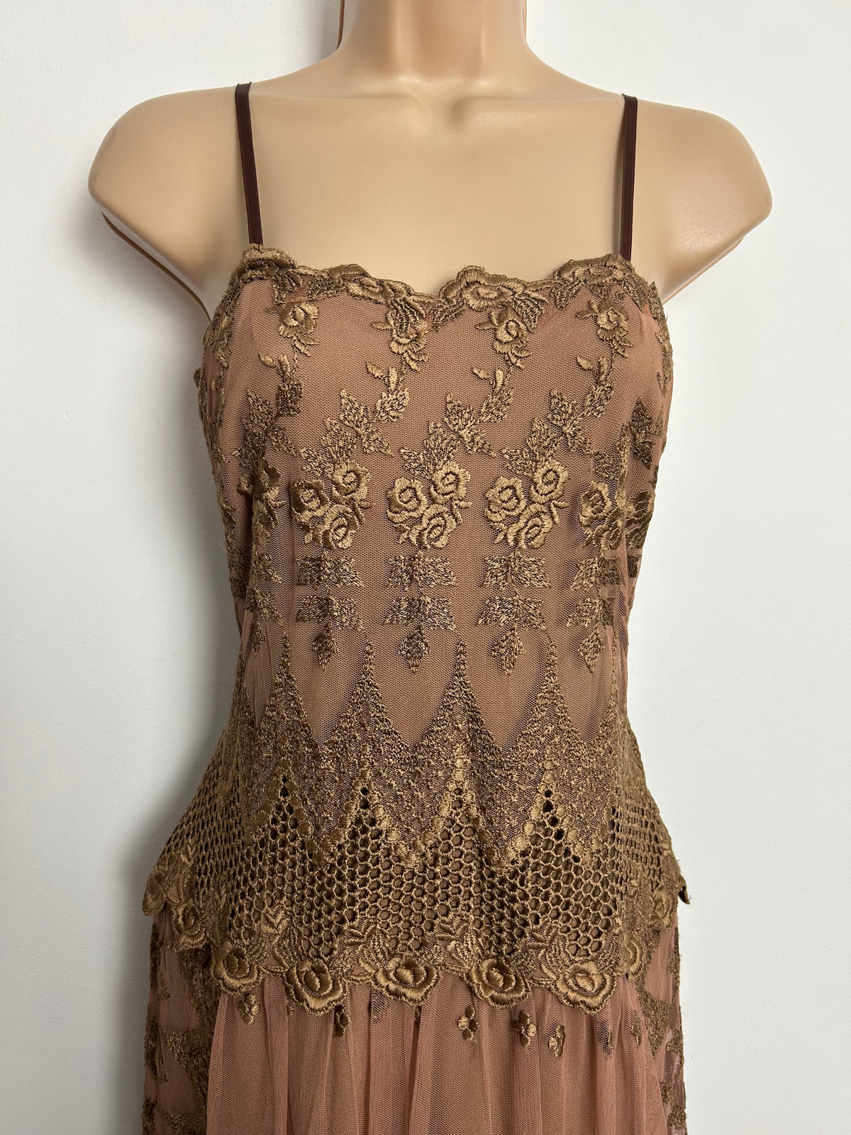 Vintage Late 1970s FRANK USHER Size 10 Beautiful Brown Lace Occasion Evening Gown