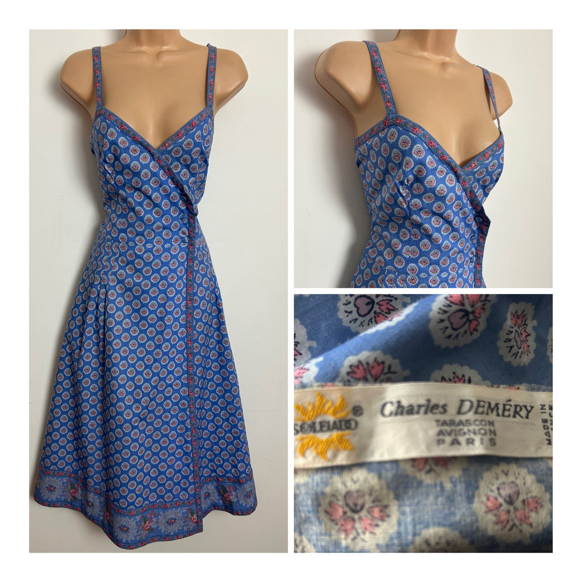 Vintage 1970s Size 10 RARE CHARLES DEMERY SOULEIADO Size 8 Pretty French Country Fabric Print Cotton Wrap Dress