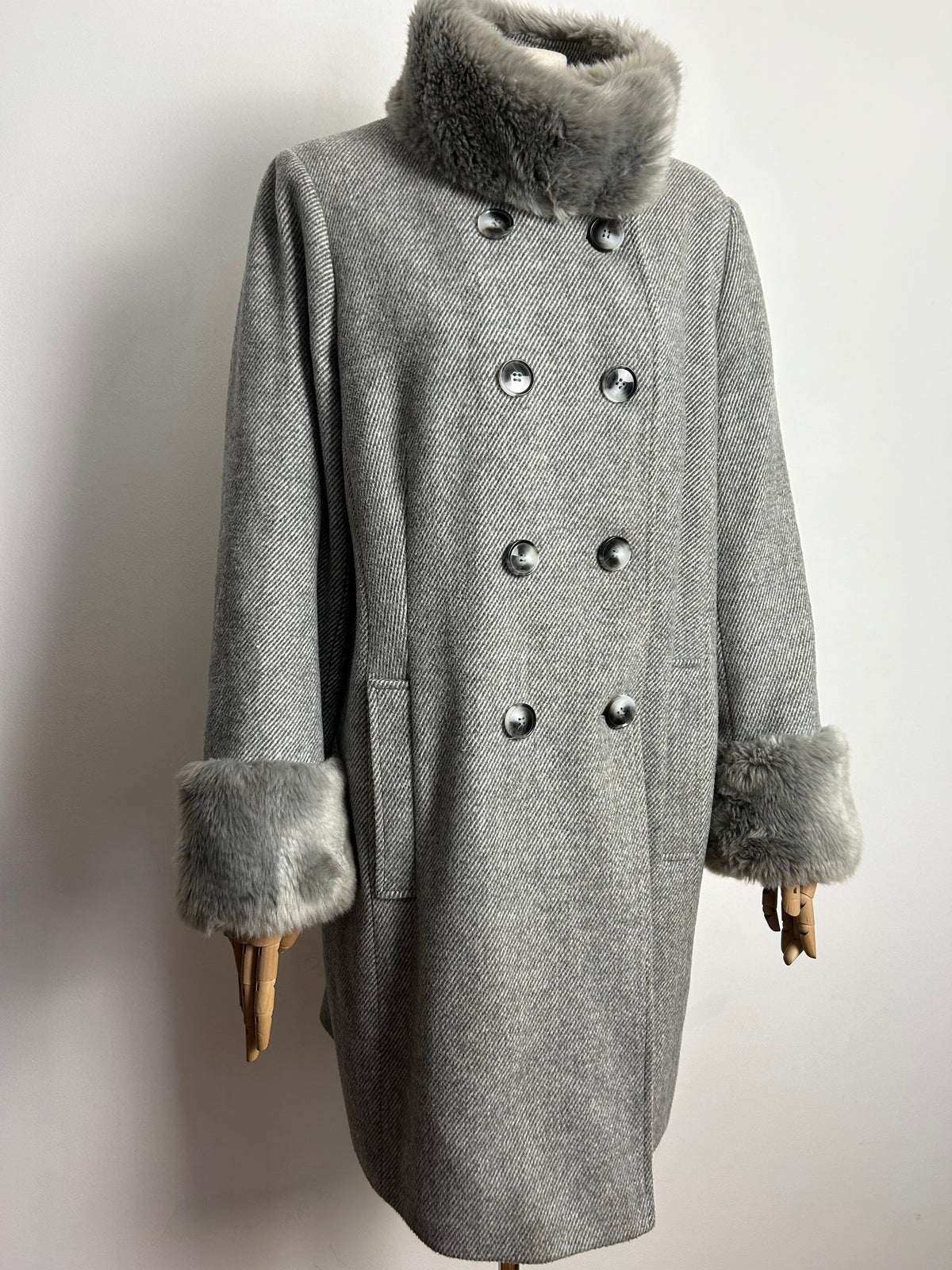 Gorgeous JACQUES VERT Size 14 Grey Wool Mix Faux Fur Trimmed Funnel Neck Double Breasted Coat