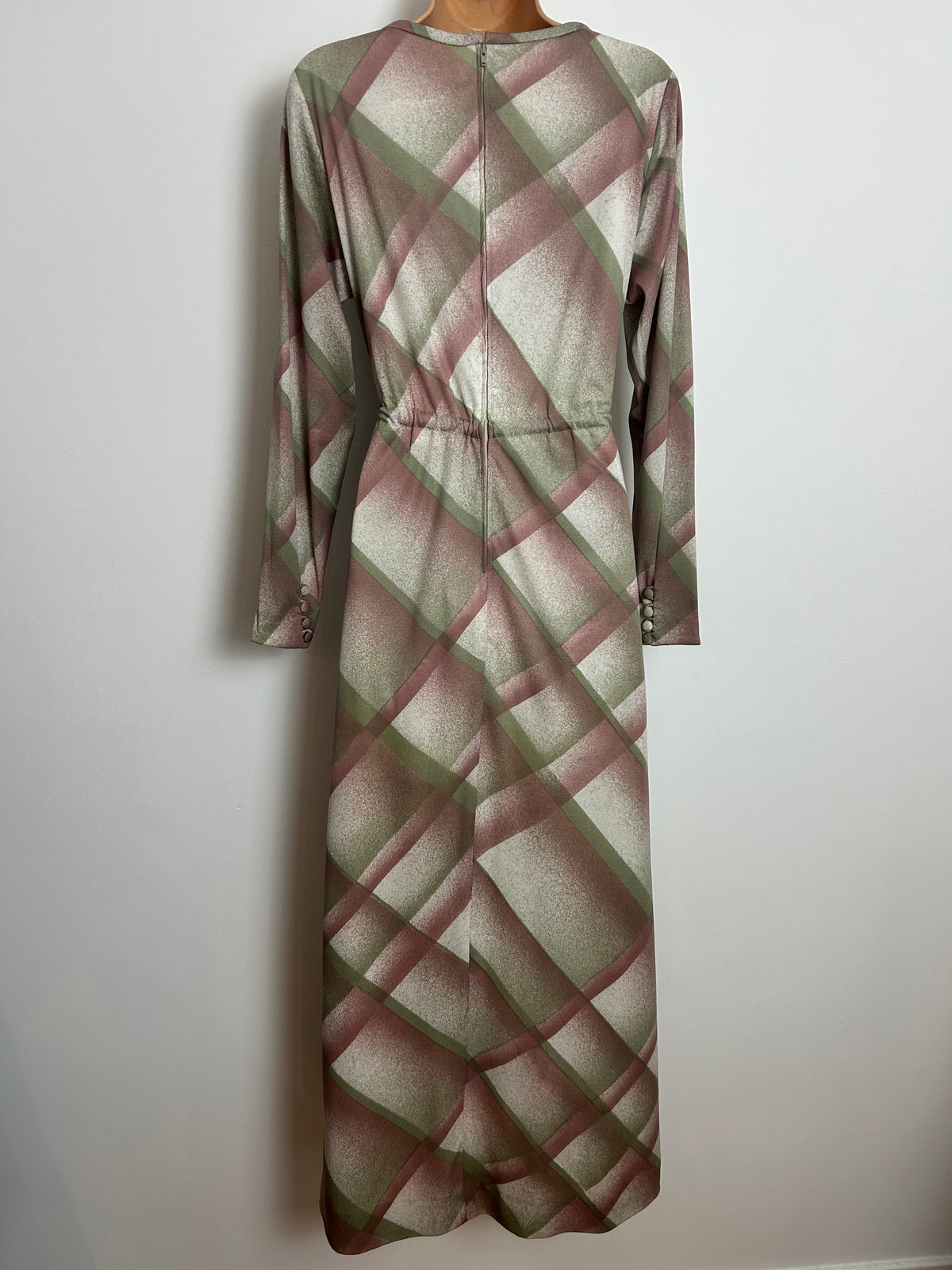 Vintage 1970s FENWICK Size 10-12 Dusky Pink Sage Green & Beige Diamond Check Print Maxi Dress