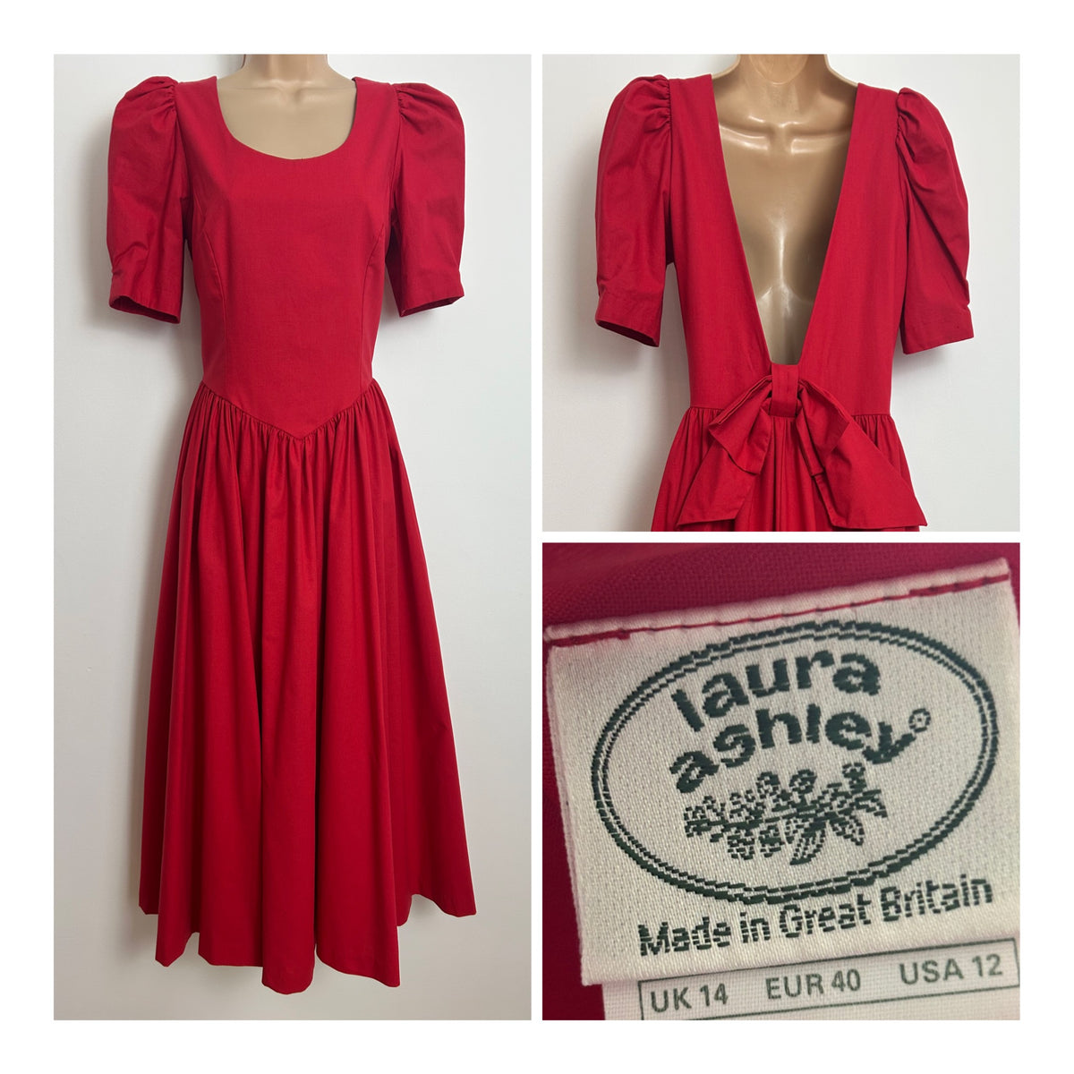Vintage 1980s LAURA ASHLEY Size 10 (Size 14 On label) Red Open Bow Back Pleated Midi Dress