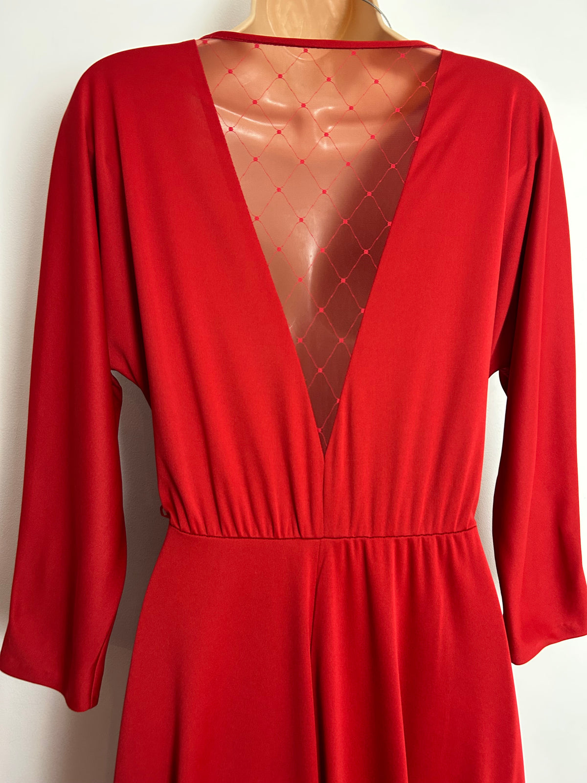 Vintage 1980s UK Size 12-14 Deep Red Long Dolman Sleeve Diamond Mesh Back Panel Maxi Dress