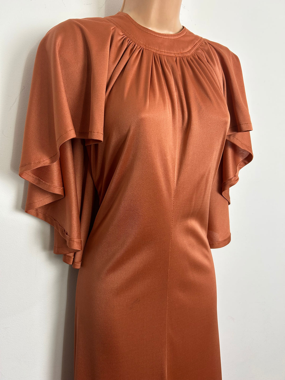 Vintage 1970s Size 10 Terracotta Cape Sleeve Crimplene Maxi Dress