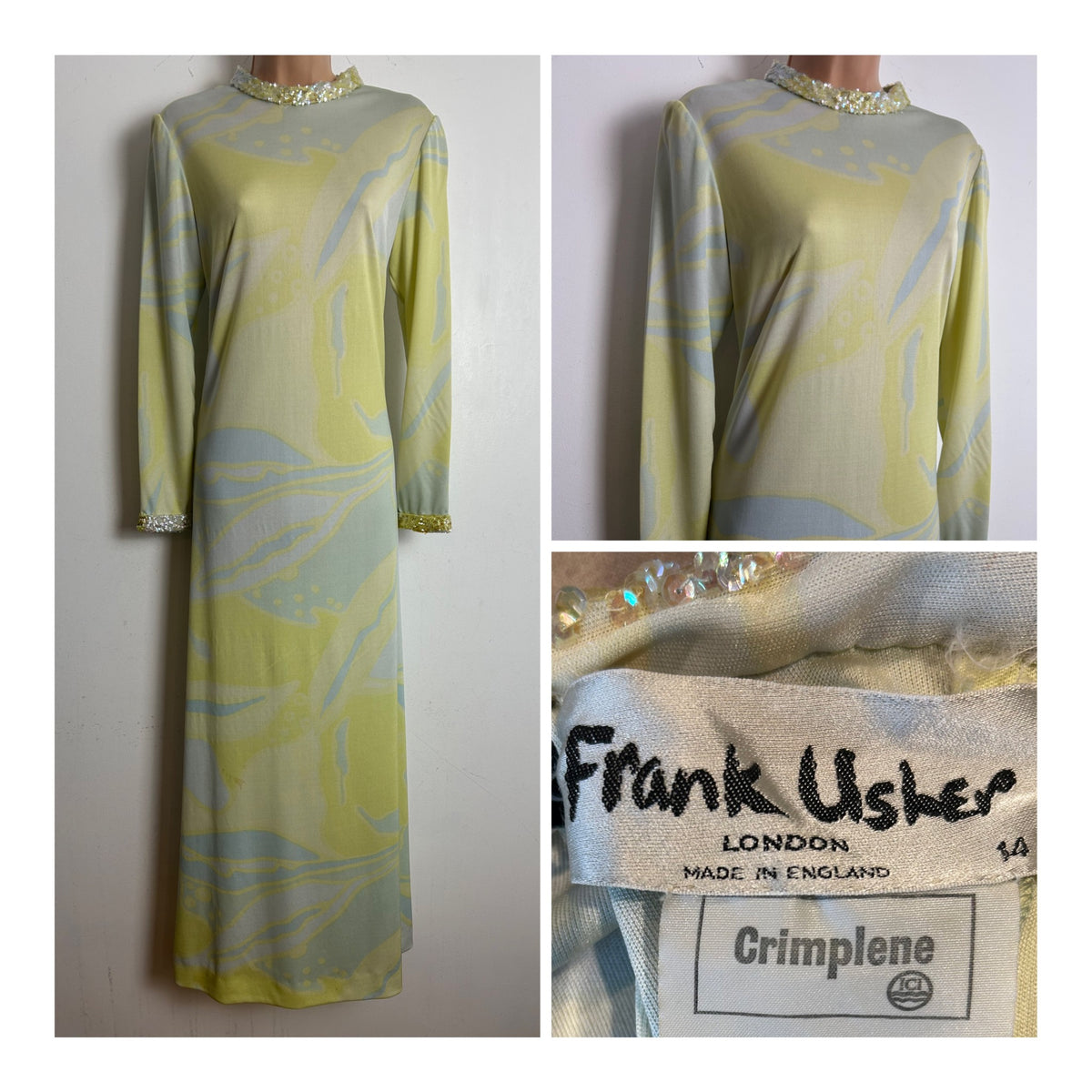 Vintage Late 1960s FRANK USHER Size 10-12 Patel Lemon Blue & Mint Green Abstract Sequin Trim Occasion Maxi Dress s