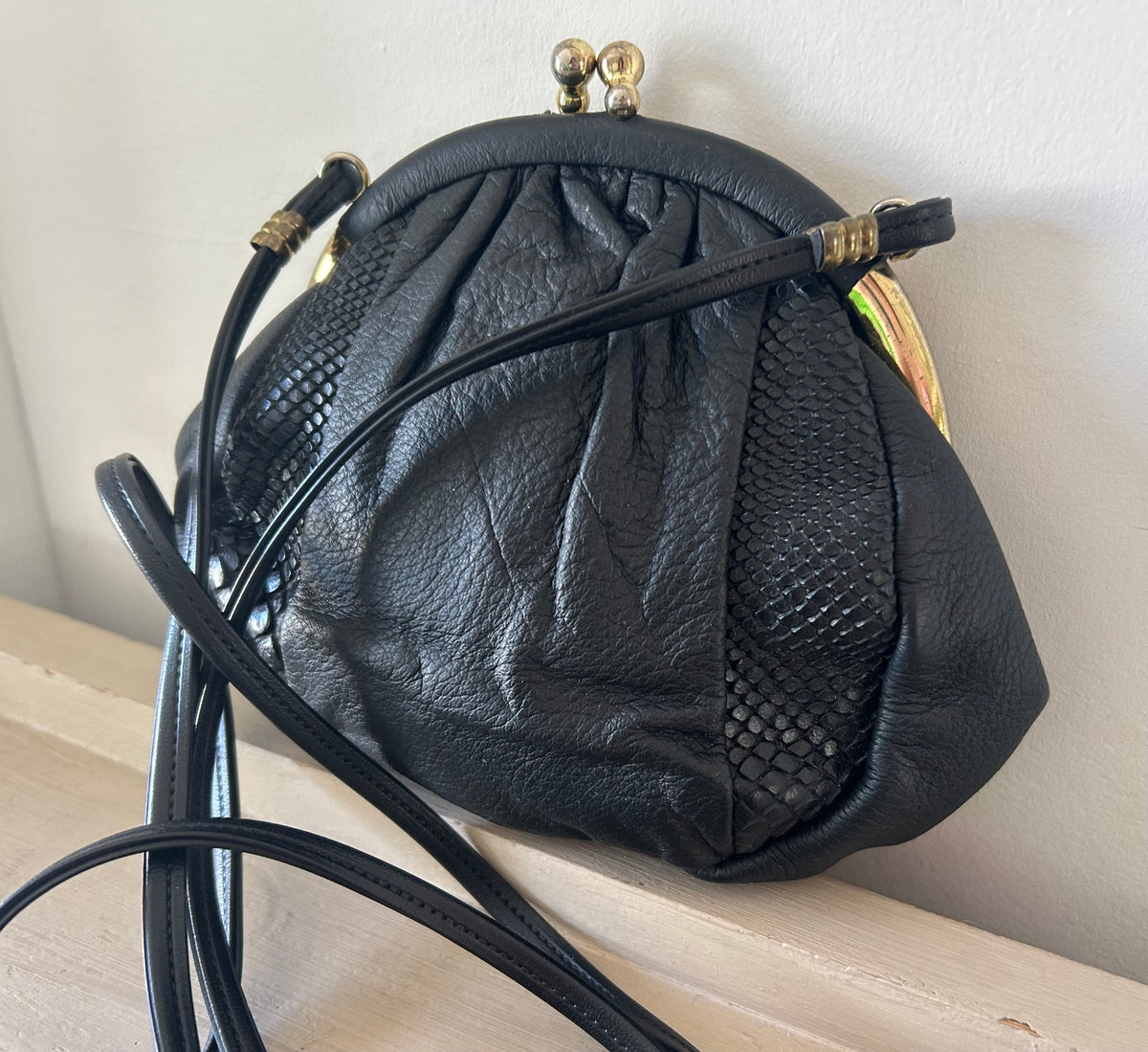 Vintage 1980s Small Black Faux Leather Reptile Pattern Detail Shoulder Messenger Bag