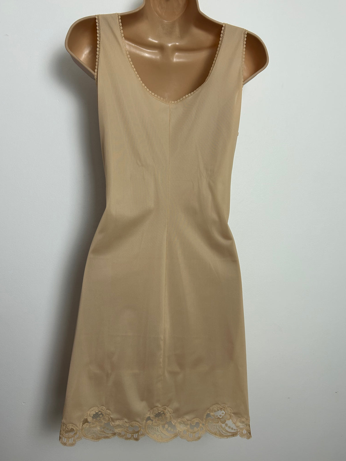 Vintage 1960s Size 12 Nude Beige Lace Trim Nylon Slip