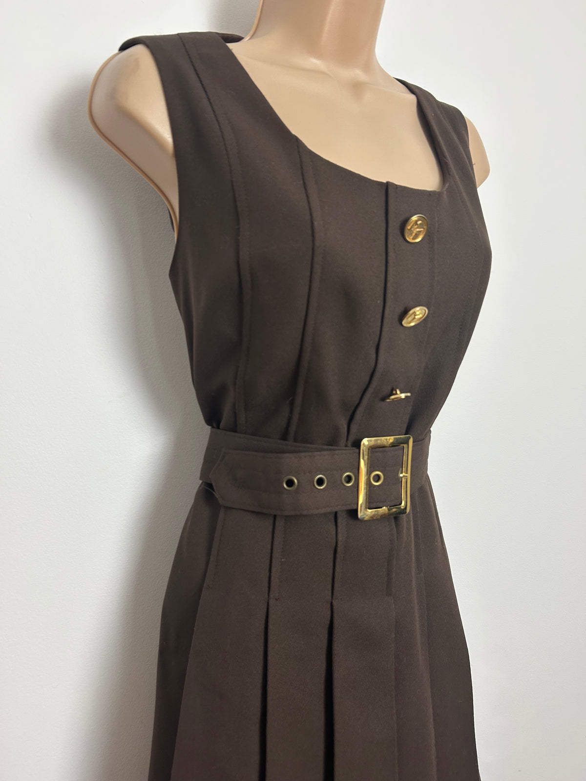 Vintage 1970s Size 12 Brown Pleated Belted Gold Button Detail Mod Day Dress