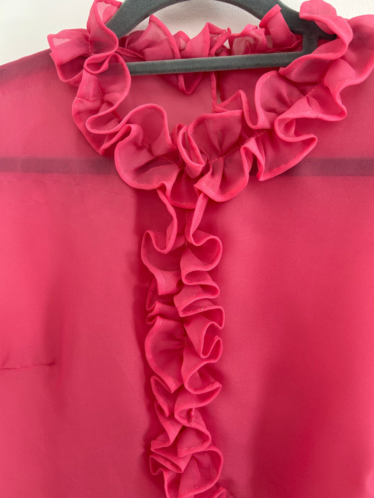 Vintage 1960s Size 14 Candy Pink Sleeveless Ruffle Trim Semi Sheer Lightweight Blouse Top