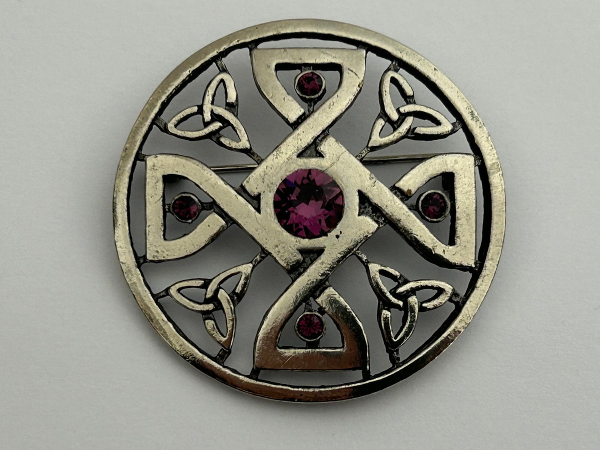 Vintage Celtic Scottish Silver Celtic Knot Stamped Purple Stone Set Round Brooch