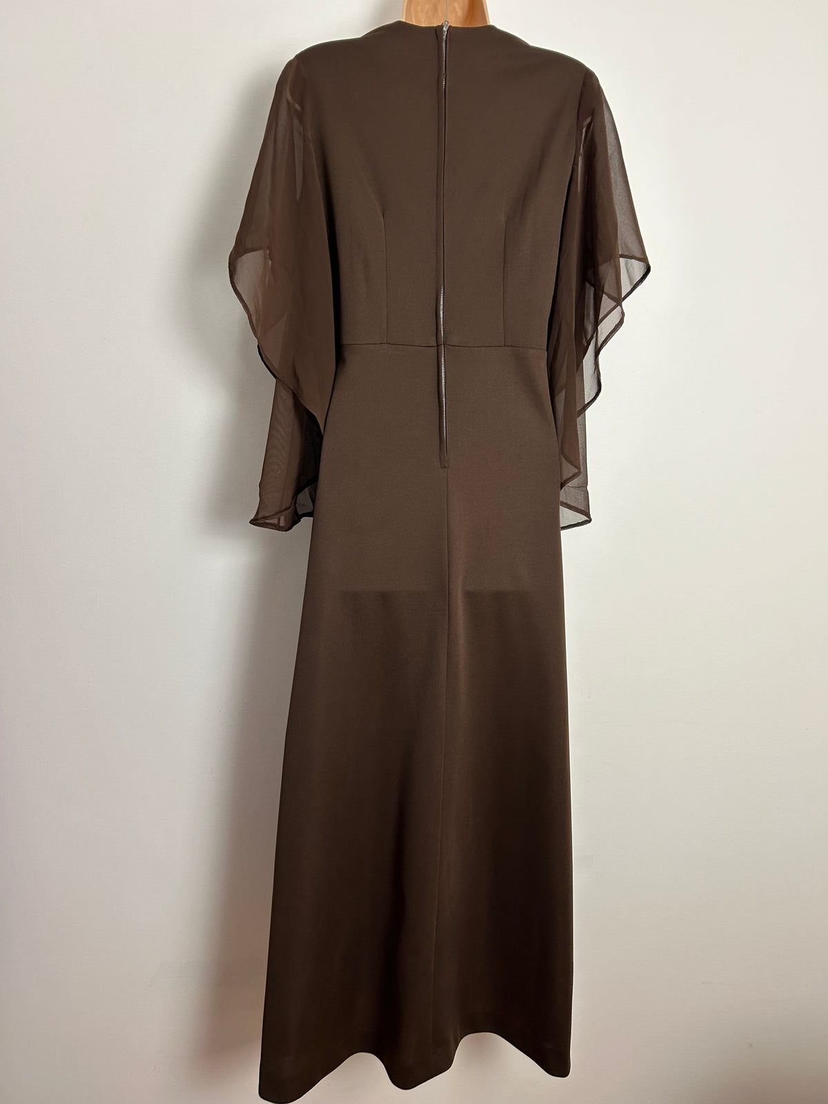 Vintage 1970s UK Size 12 Chocolate Brown Chiffon Flared Sleeve Stitch Bead & Diamante Embellished Occasion Maxi Dress