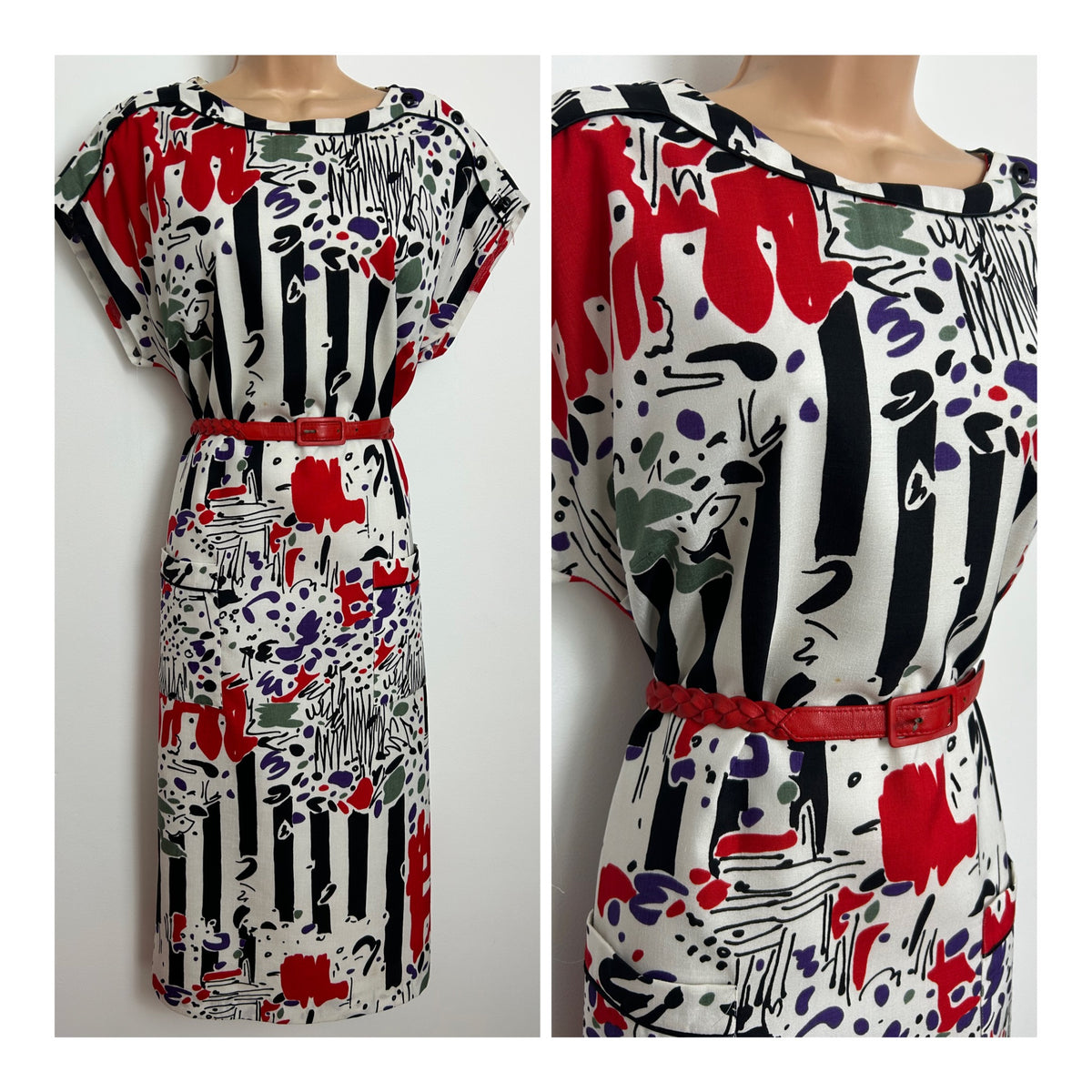 Vintage 1980s Size 16 White Red Black Purple Abstract Print Belted Straight Fitting Day Dress