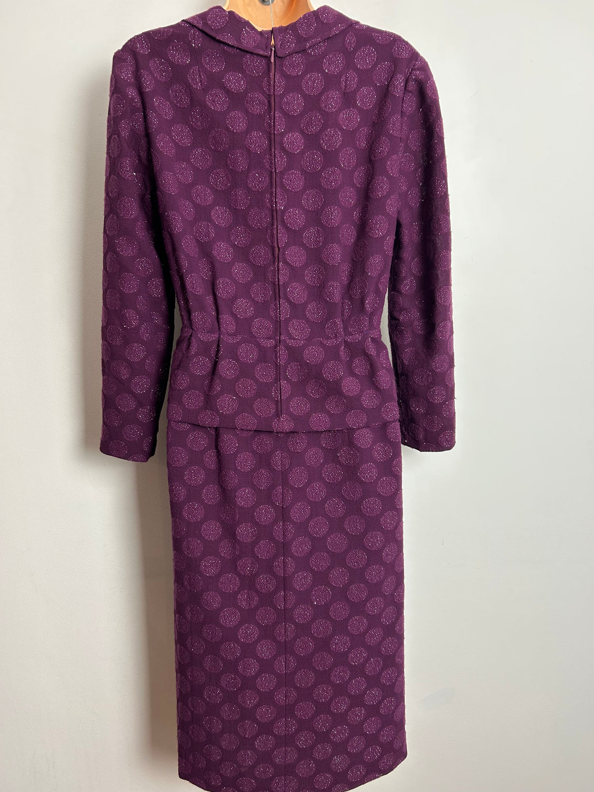 Vintage 1960s UK Size 12 Plum Purple Wool Mix Shimmer Circle Pattern Peplum Party Dress