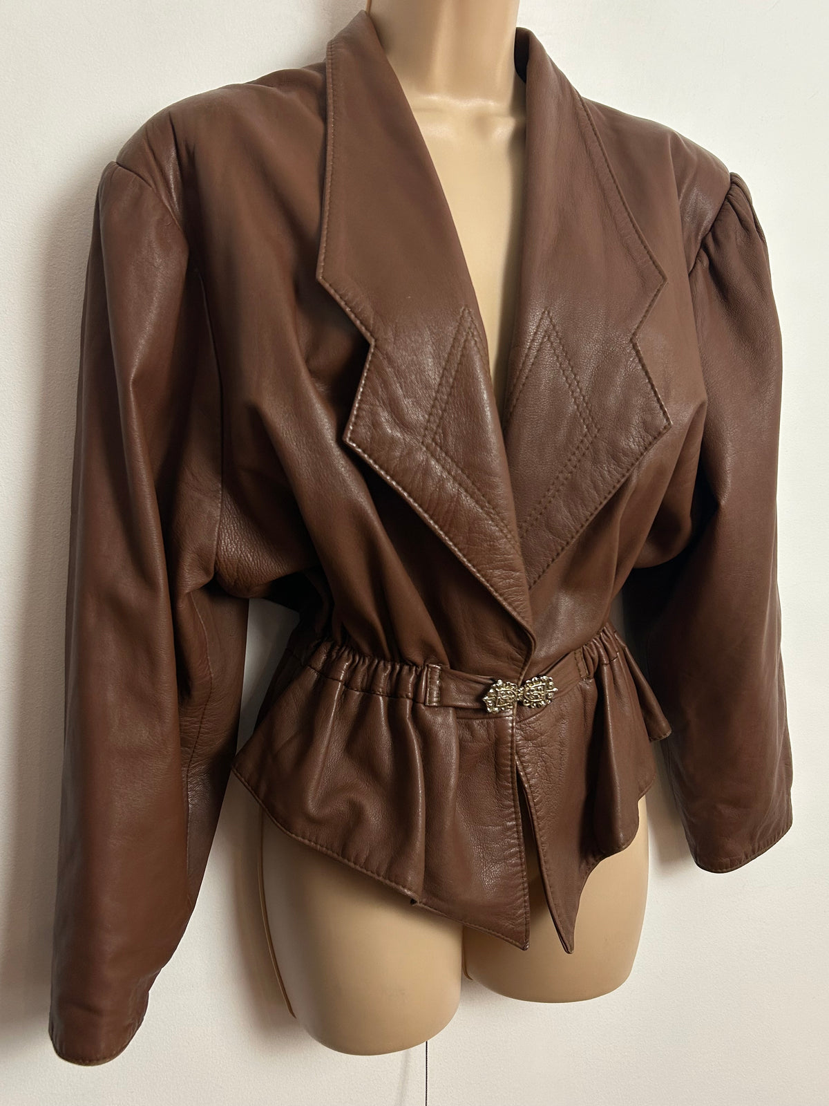 Vintage 1980s UK Size 12 Soft Supple Brown Leather Buckle Waisted Peplum Jacket