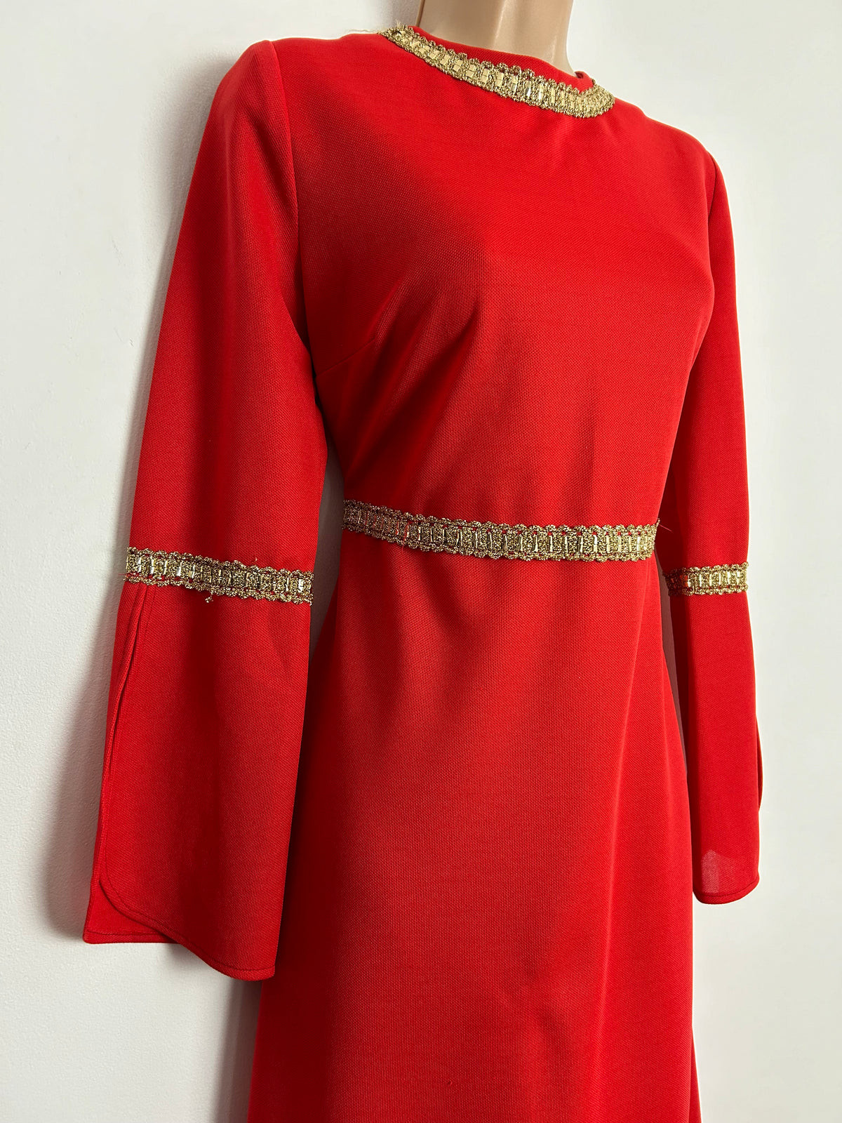 Vintage 1970s UK Size 12 Red Crimplene Gold Braid Trim Flared Cuff Occasion Maxi Dress