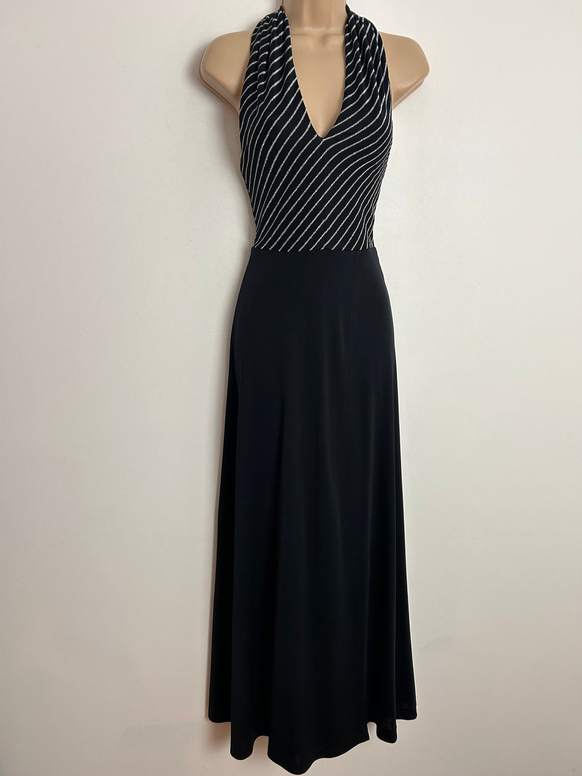 Vintage 1970s UK Size 6  Black & Metallic Silver Lurex Stripe Halterneck Evening Maxi Dress