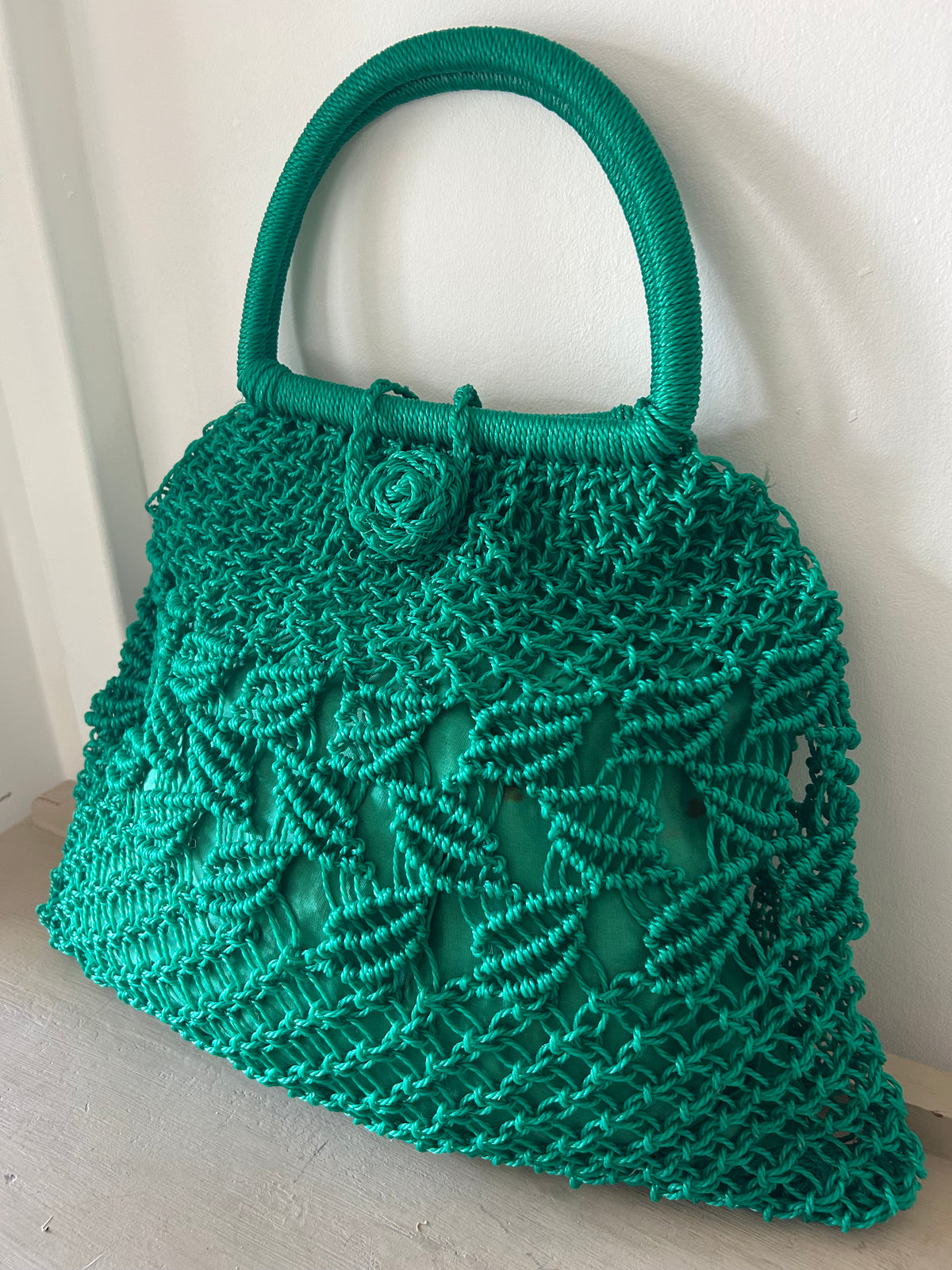 Vintage 1960s Green Plastic String Macrame Shopping Tote Bag