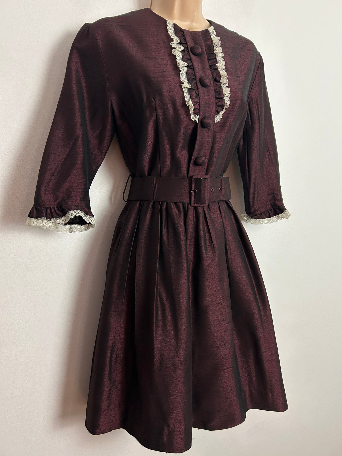 Vintage 1960s UK Size 8 Dark Plum Purple Lace Trim Belted Pleated Dress