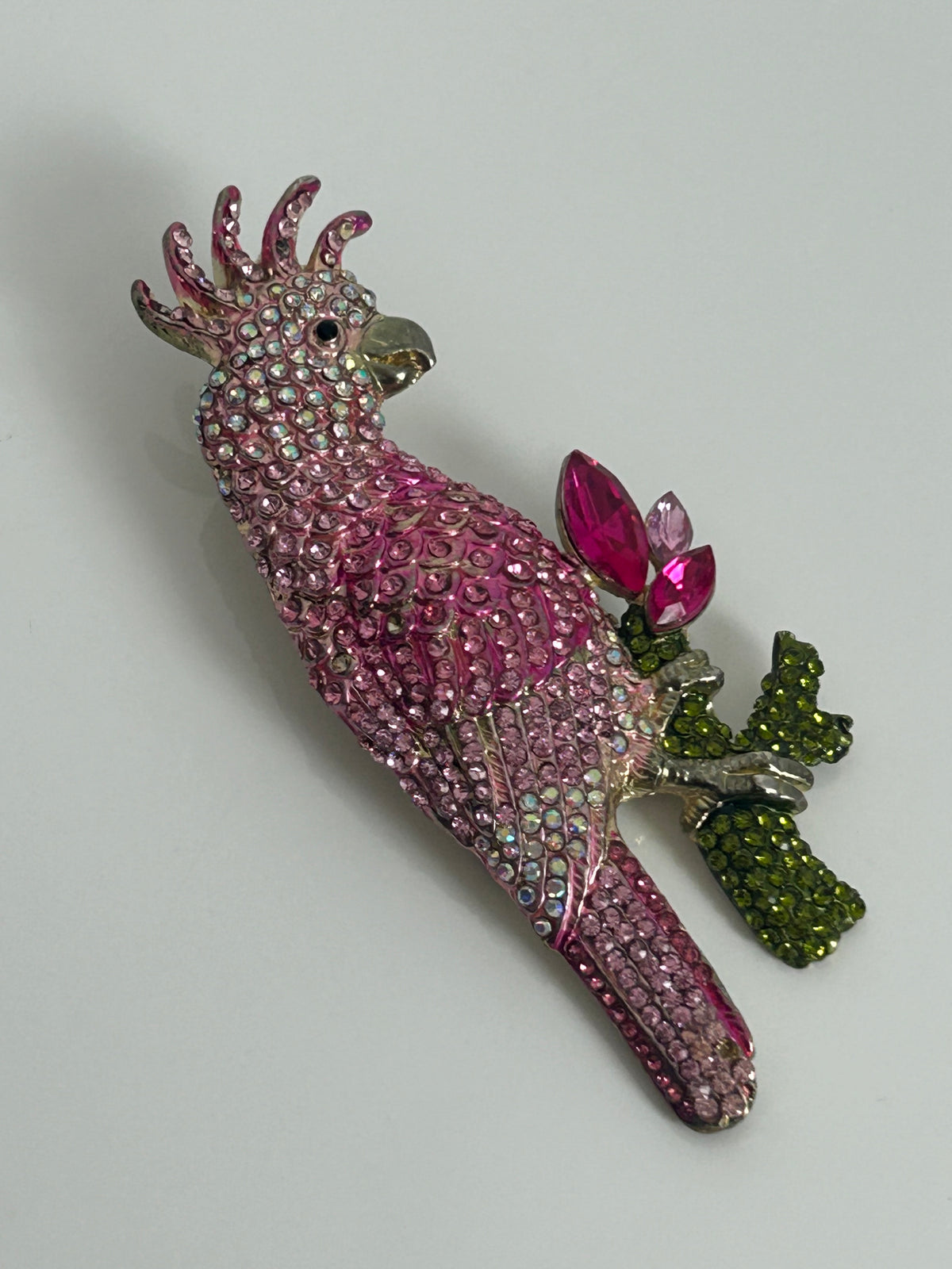 Vintage 1980s Large Pink Tones Diamante Rhinestone Set Parrot Brooch