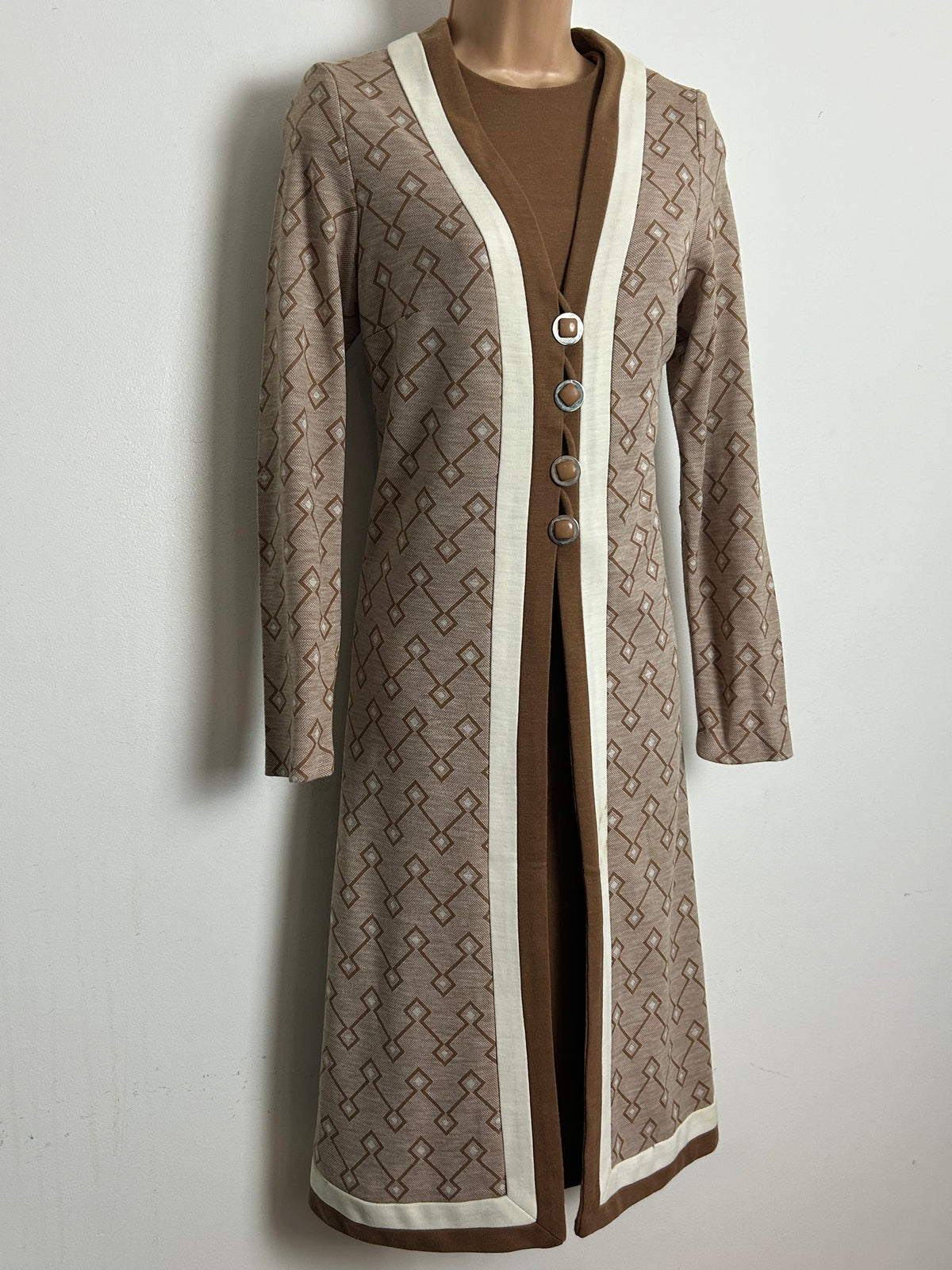 Vintage 1960s Size 10 Camel Brown Mod Dress & Matching Jacket Two Piece Suit