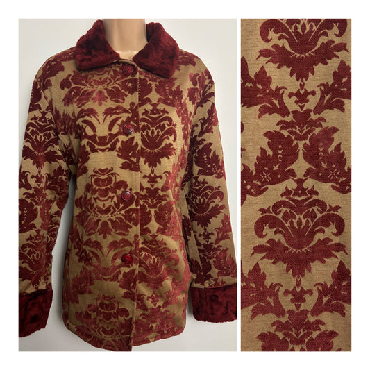 Vintage CENTIGRADE Size 14 Beige & Dark Red Velvet Flock Faux Fur Trim Coat