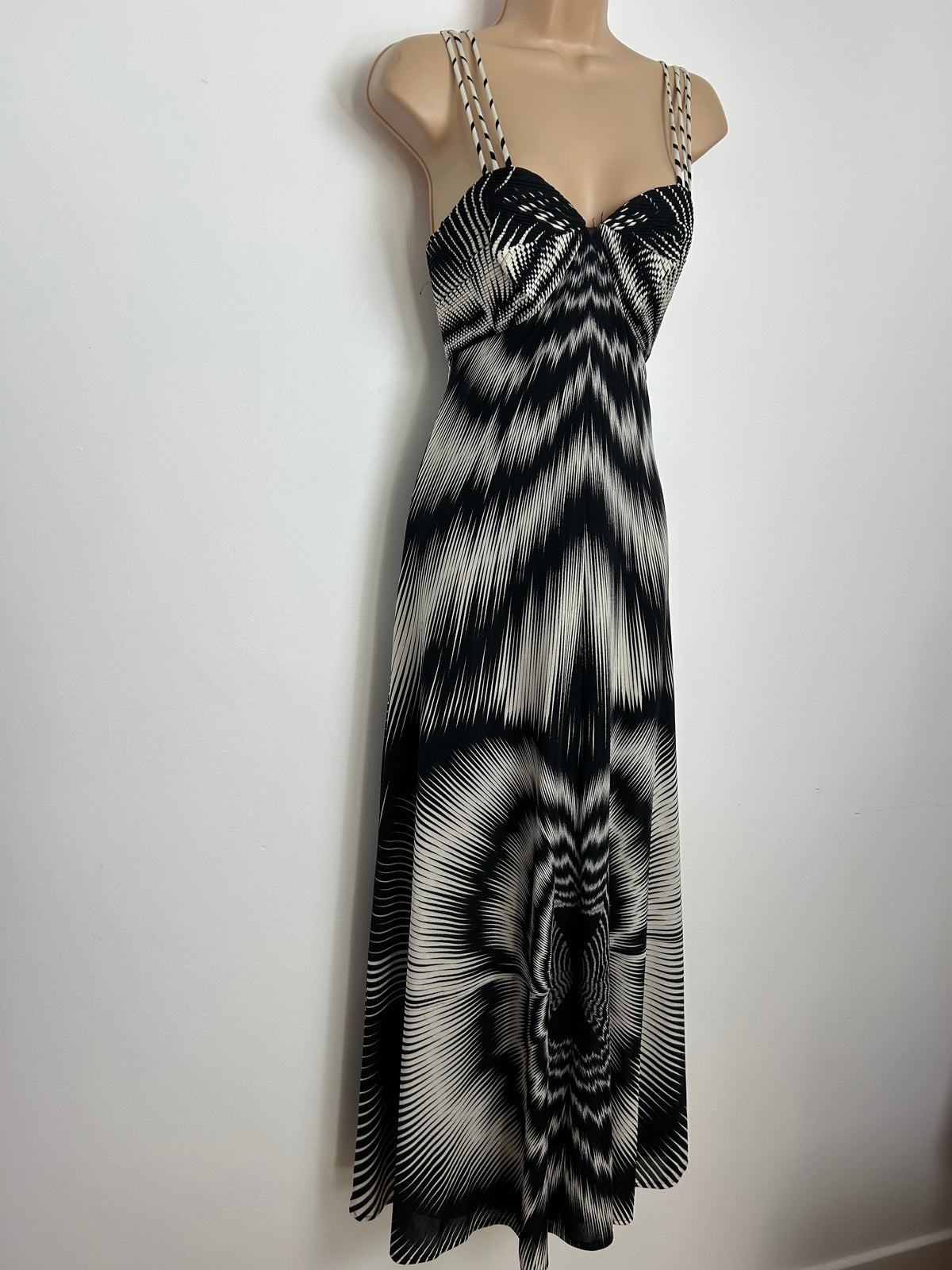 Vintage Late 1970s Size 10 Black & White Op Art Print Triple Strap Empire Line Occasion Maxi Dress