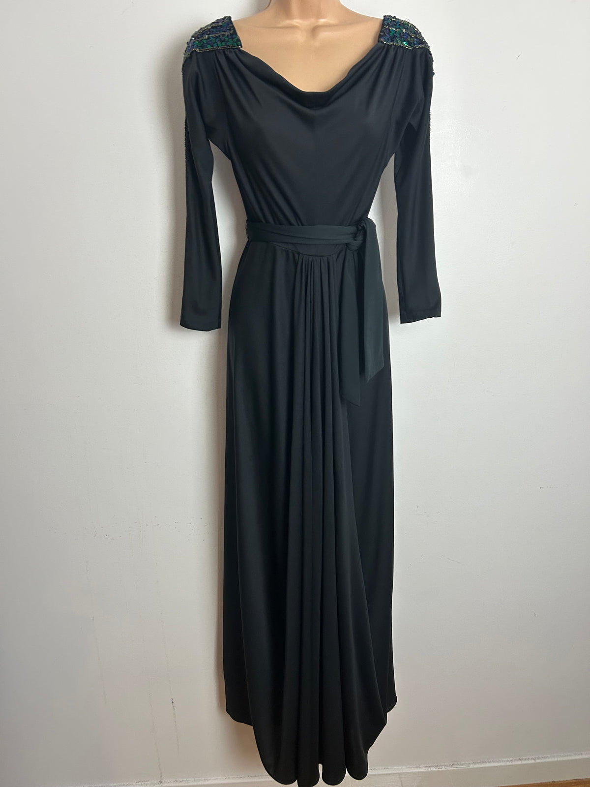 Vintage 1970s FRANK USHER Size 10 Black Bead & Sequin Detail Long Sleeve Belted Evening Maxi Dress