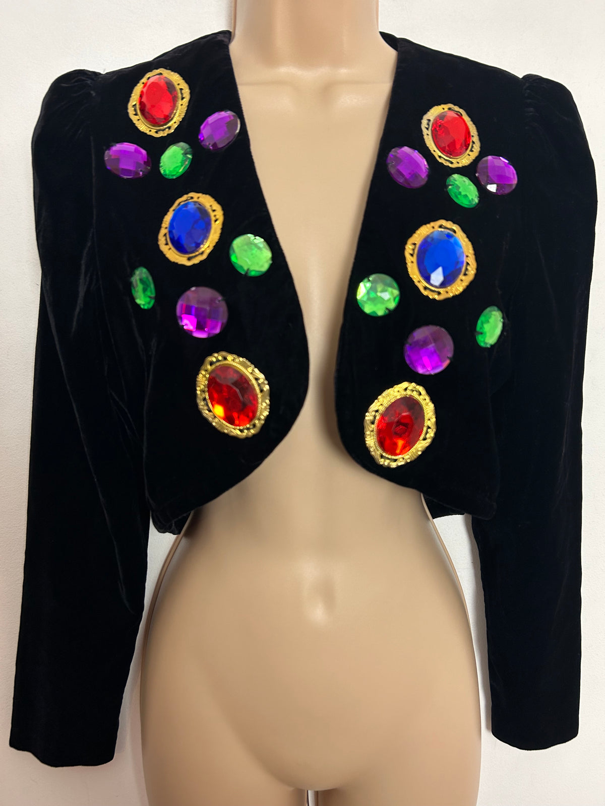 Vintage 1980s UK Size 10 Black Velvet Multicoloured Jewel Detail Long Sleeve Bolero Cover Up